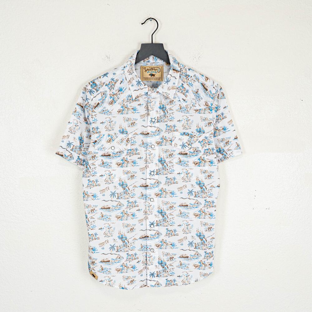 Western Aloha Short Sleeve Pearl Snap Shirt Paniolo White Sz Small